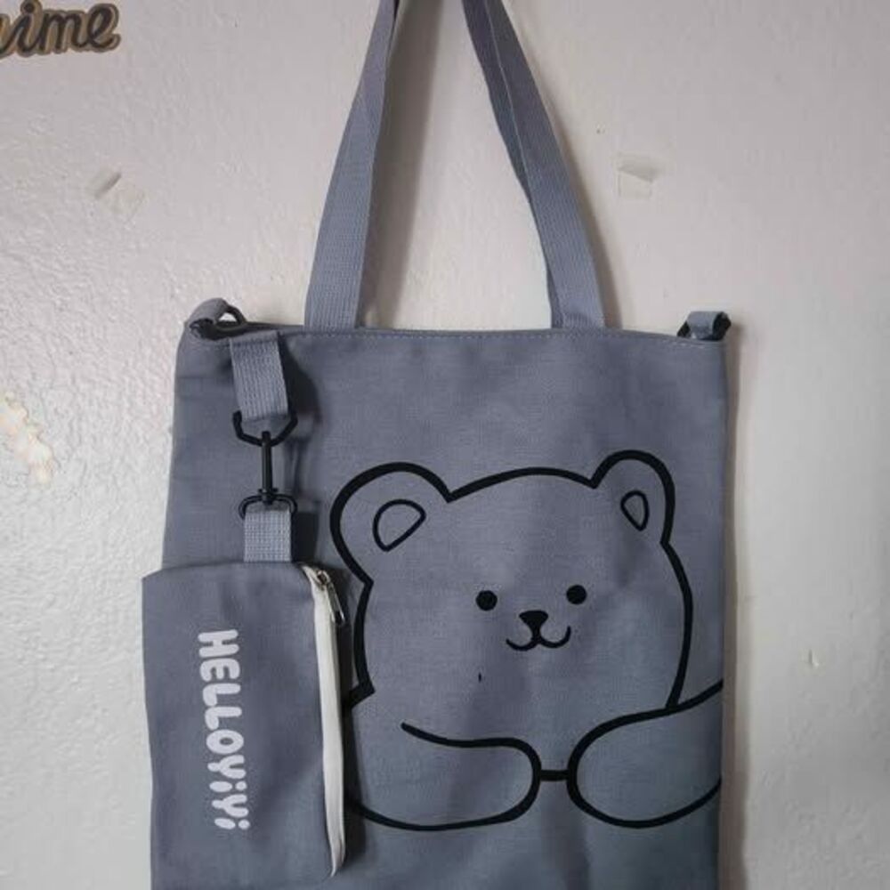 Gray Blue Bear Denim Canvas Tote Bag with Pouch